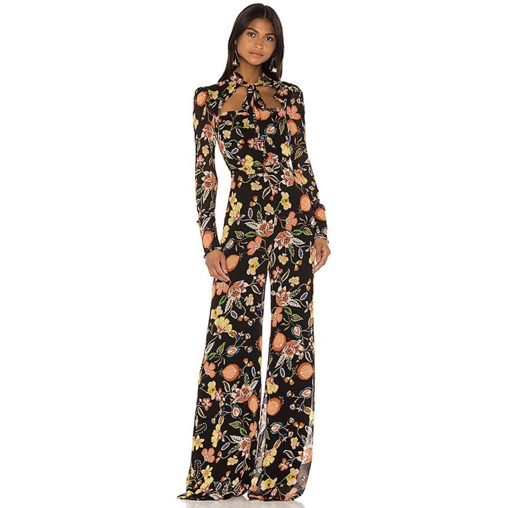 ALEXIS Imogene Floral Jumpsuit Black Nouveau Long Sleeve Wide Leg Tie Neck XS‎